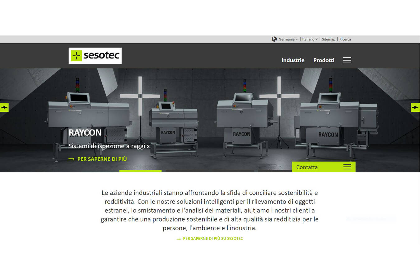 Die Startseite des italienischen Internetauftritts von Sesotec mit RAYCON Motiv (Bild: Sesotec GmbH)