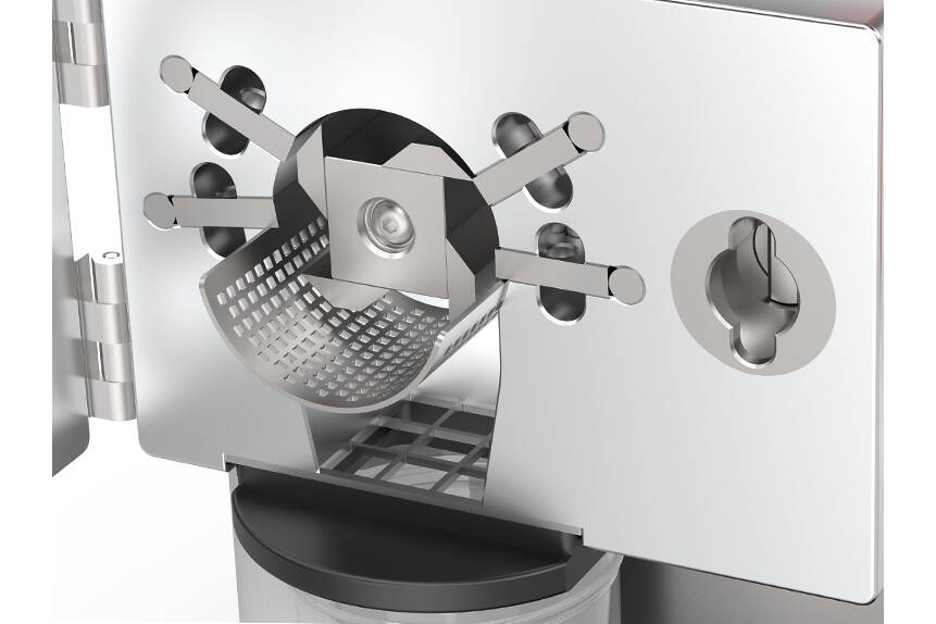 Look inside the Mini Cutting Mill – showing rotor with 4 straight cutting edges, fixed knives and sieve insert