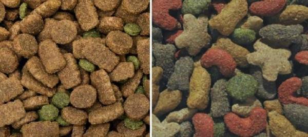 Staub- und bruchstückfrei: Hochwertiges Trockenfutter für Hunde (rechts) und Katzen (links) 